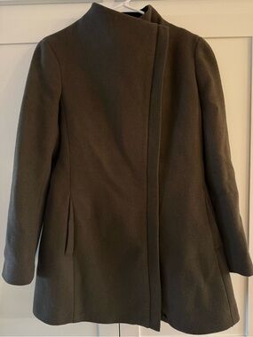 Calvin Klein Wool Blend Asymmetrical Zip Funnel Neck Coat Jacket Size 10 Neutral